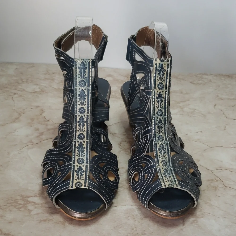 Women’s Navy Cutout Sandal Heels with Embroidered Accent